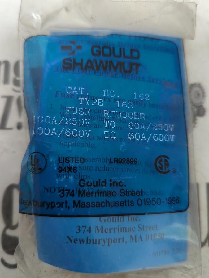 Used GOULD SHAWMUT,162,FUSE REDUCER 100A/250V TO 60A/250V-100A/600V TO 30A/600V NEW