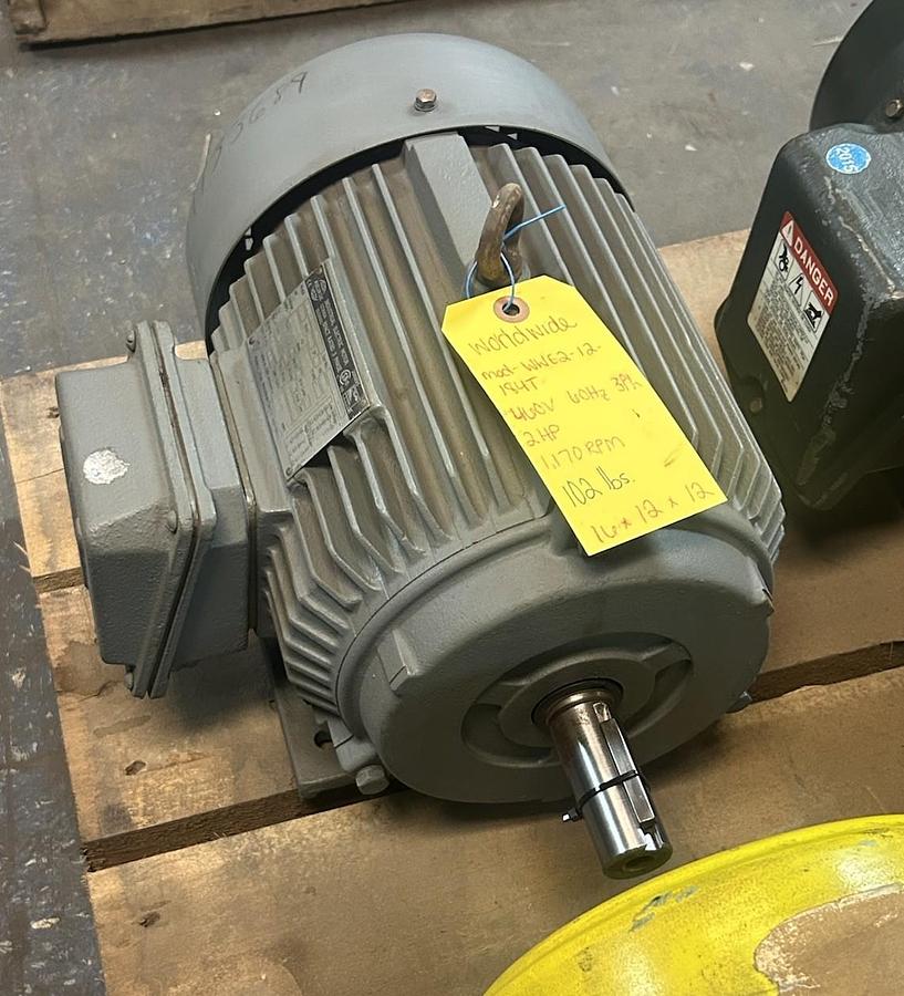 Used WORLDWIDE ELECTRIC,WWE2-12-184T,MOTOR 2HP 230/460V 1170RPM 3PH 184T FRAME