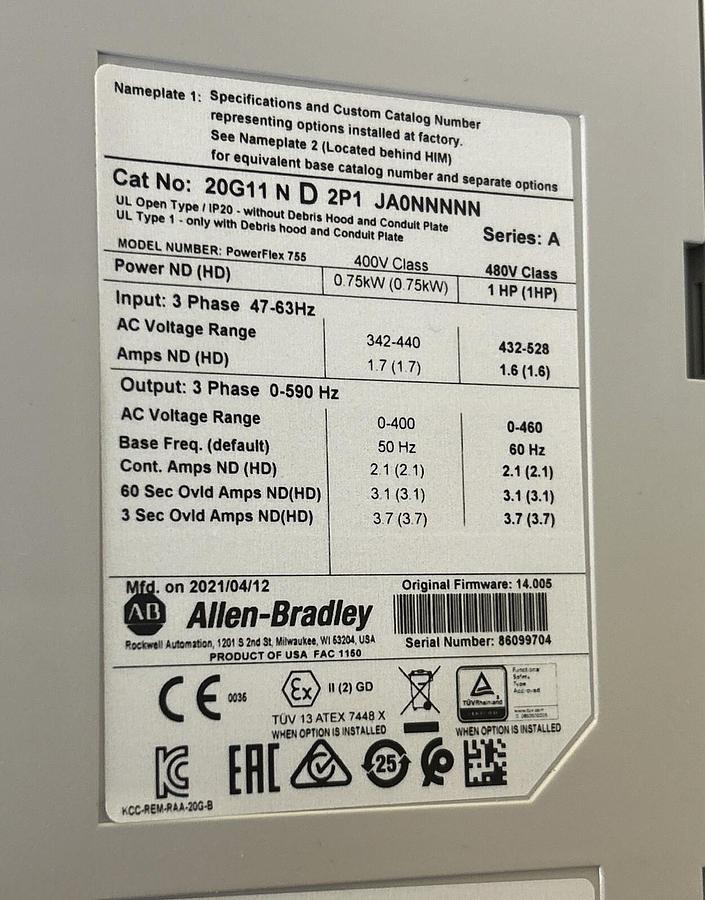 Used ALLEN BRADLEY,20G11ND2P1JA0NNNNN,POWERFLEX 755 1HP VFD