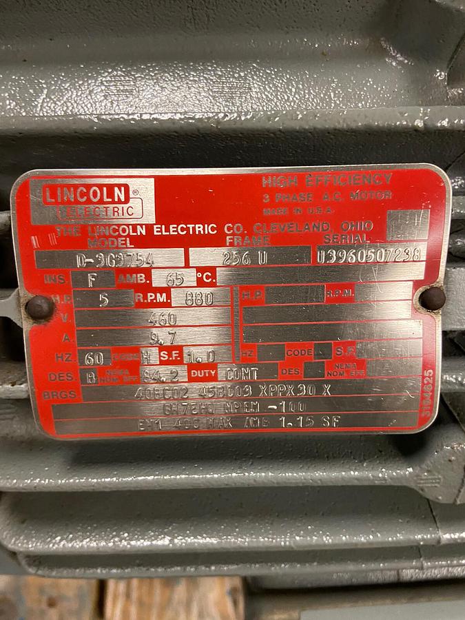 Lincoln Electric,D-3G3754,5HP MOTOR 880RPM 460V 256U