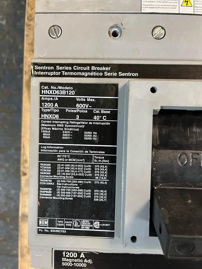 Used SIEMENS,HNXD63B120,CIRCUIT BREAKER 1200 AMP 600V 3P TYPE HNXD6
