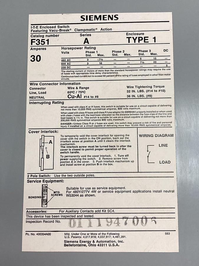 Used Siemens,F-351,Heavy Duty Enclosed Safety Switch Type 1 Series A 30A
