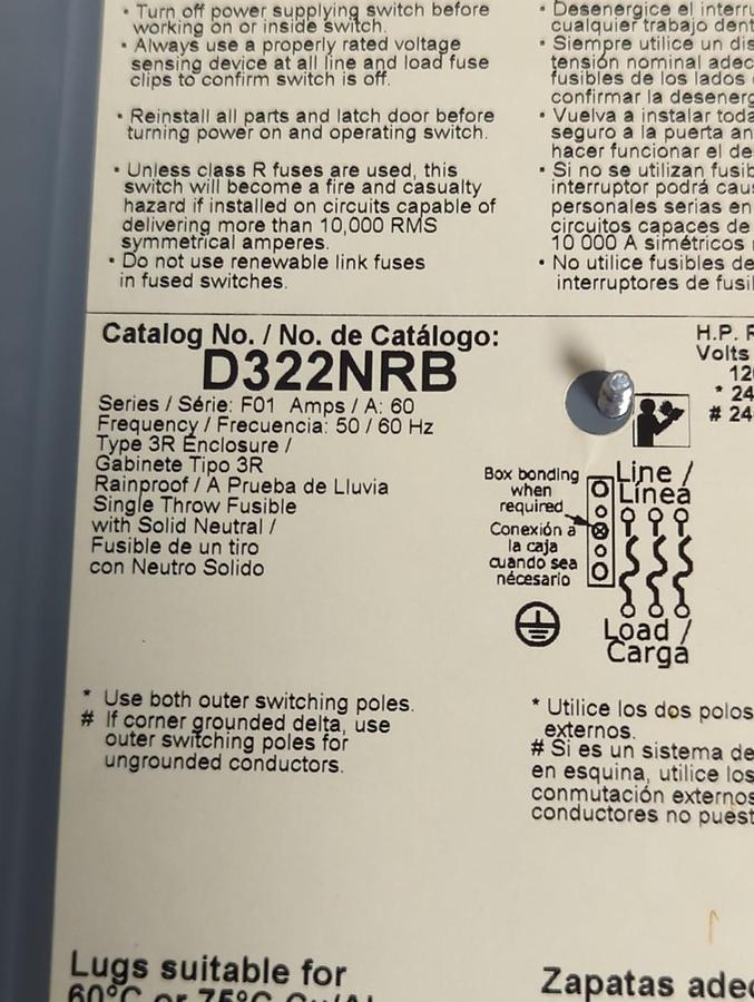 Used SQUARE D,D322NRB,DISCONNECT SWITCH 3-POLE 60 AMP 250 VAC PRE-OWNED