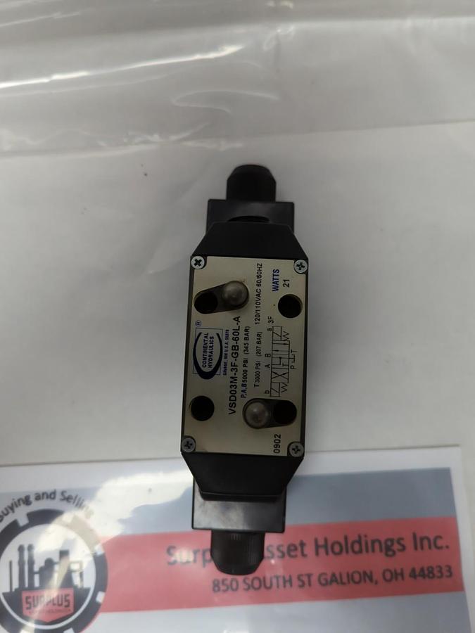 Used CONTINENTAL HYDRAULICS,VSD03M-3F-GB-60L-A,VALVE 120/110VAC 60/50HZ 21 WATTS