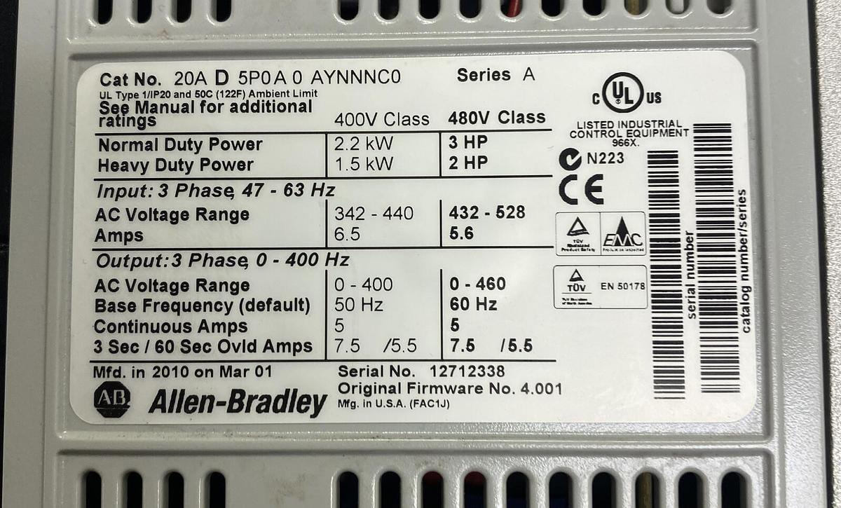 Used ALLEN BRADLEY,VFD 20AD5P0A0AYNNNC0,SER A POWERFLEX 70 AC DRIVE