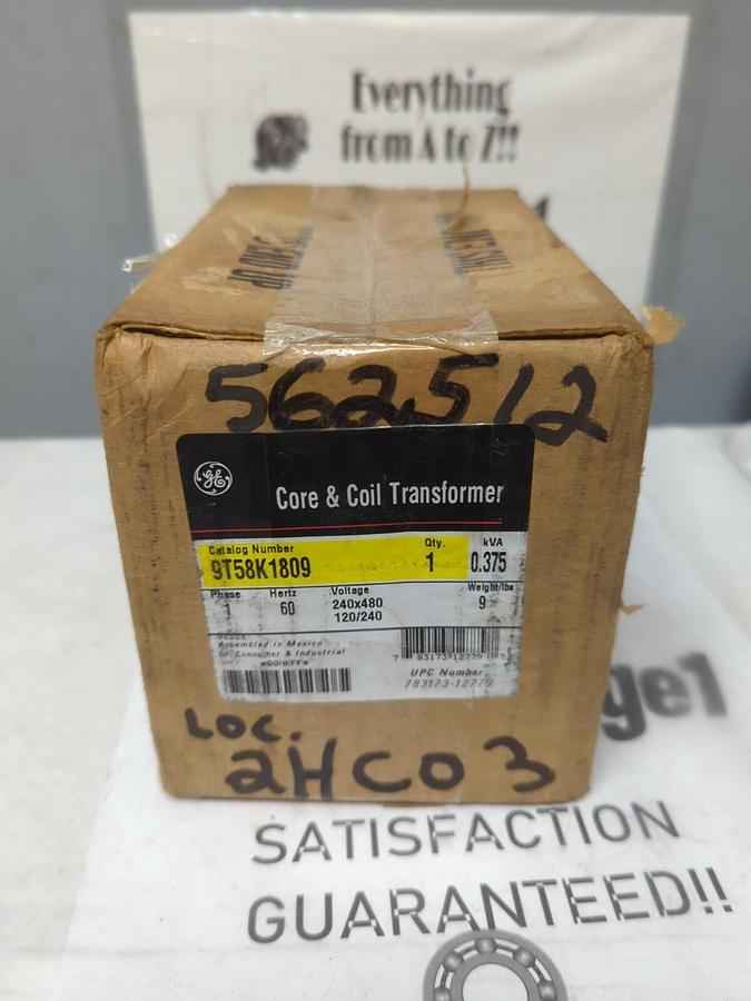 GE,9T58K1809,CORE & COIL TRANSFORMER 240X480V SCC 120X240 .375 KVA NEW