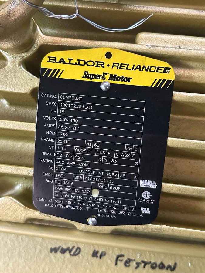 BALDOR,CEM2333T,SUPER-E MOTOR 15HP 1765RPM 460V 3PH 254TC FRAME NOS