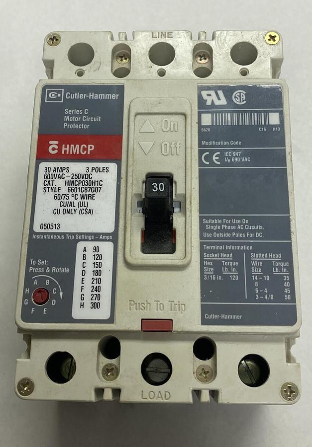 Used CUTLER-HAMMER,HMCP030H1C,CIRCUIT BREAKER 30A 600V 3 POLE