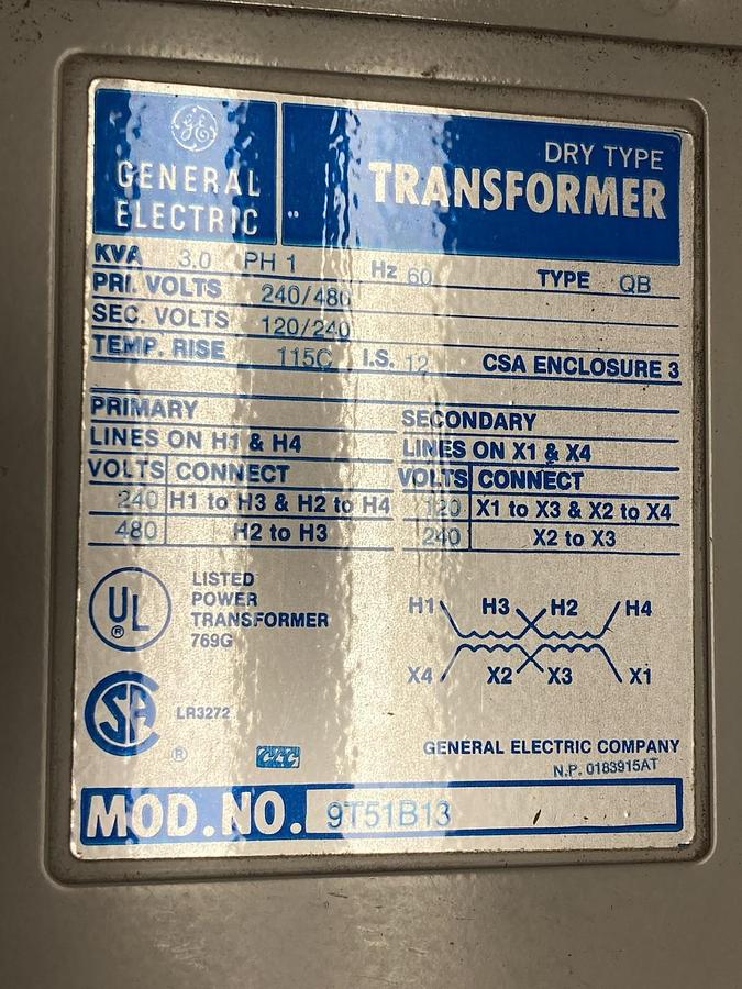 Used GE,Model 9T51B13,1-Phase Dry Type Transformer 240/480V 60Hz Type QB