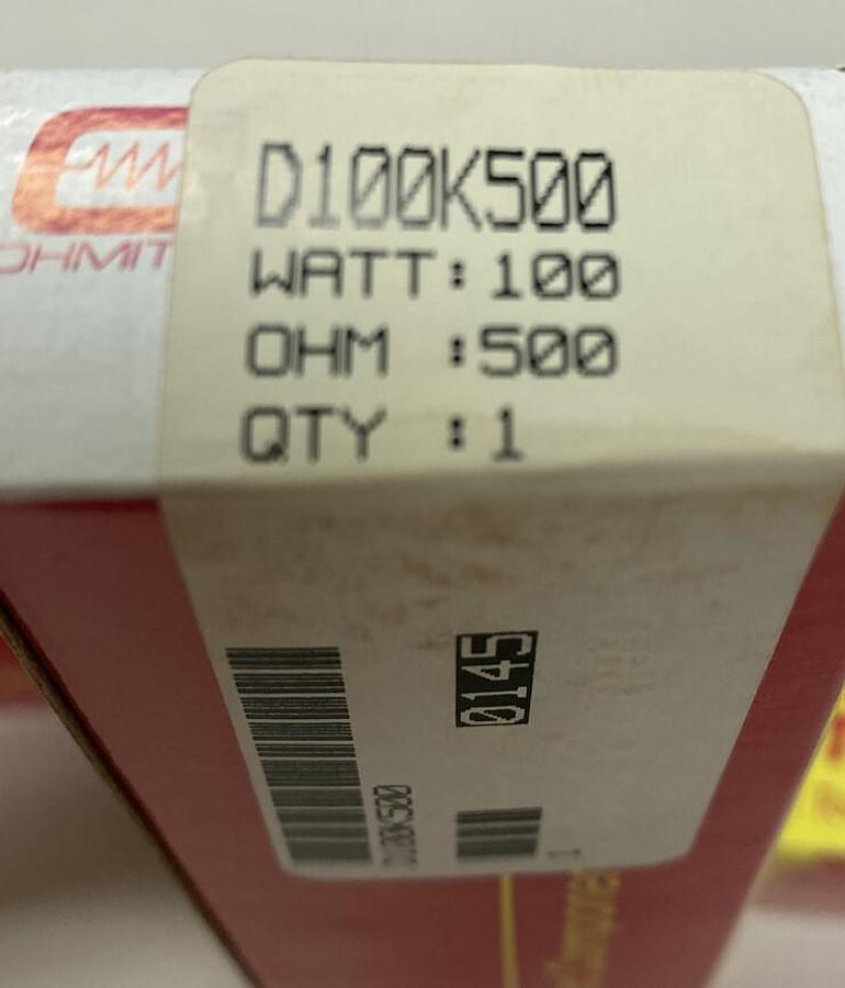 Used Ohmite,D100K500,Resistor 500 OHM Watt 100 Lot of 8 NOS