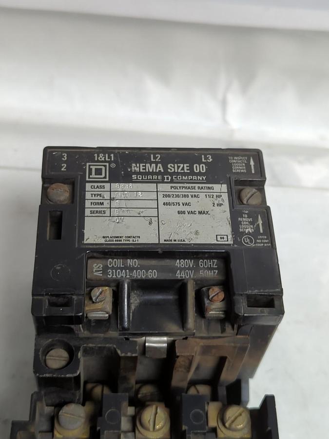 Used SQUARE D,8536-SA0-12,MOTOR STARTER SERIES B SIZE 00 600 VAC PRE-OWNED