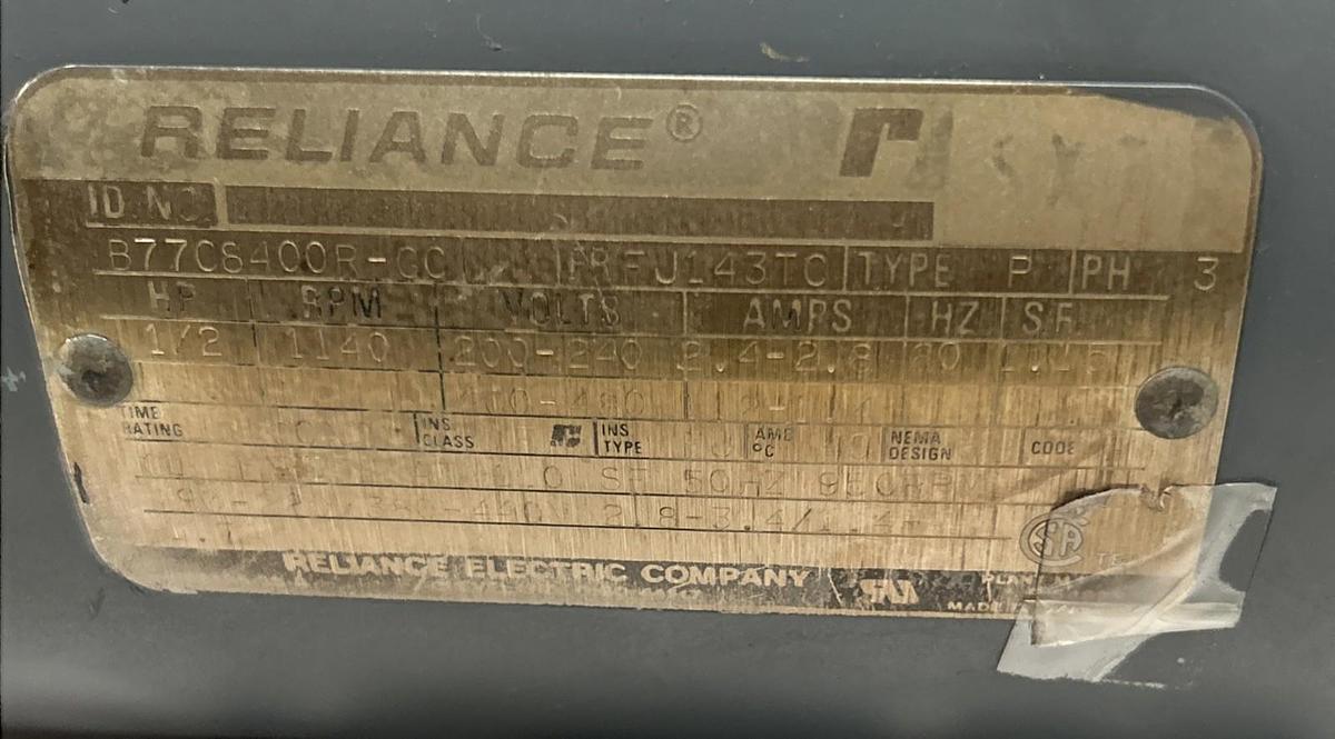 Used RELIANCE,B77C8400R-GC,MOTOR 1/2HP 1140RPM 200-240V 3PH FJ143TC FRAME