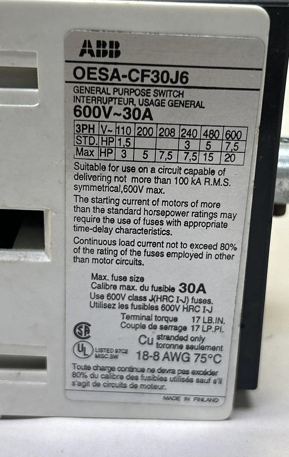 Used ABB,OESA-CF30J6,GENERAL PURPOSE SWITCH 30A 600V