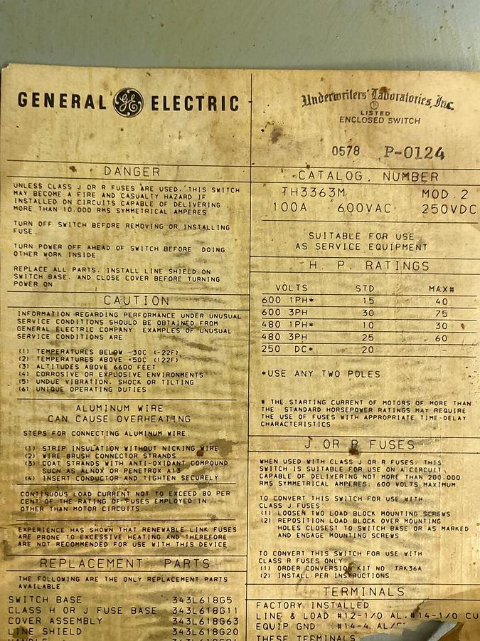Used General Electric,TH3363M,Disconnect Safety Switch Model 2 100A 250VDC