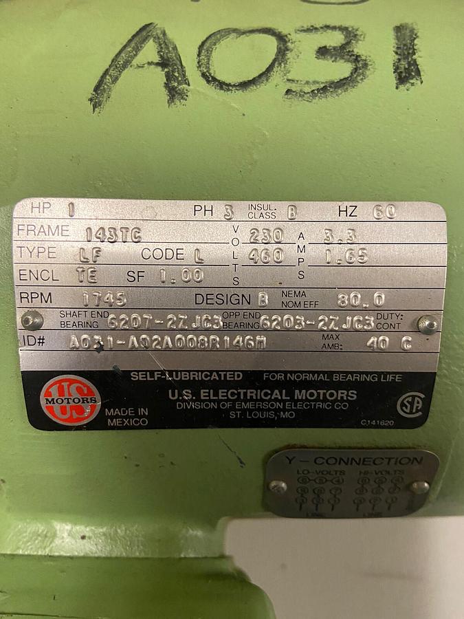 US Motors,A031 1HP,Hazardous Motor 1745RPM 230/460V Frame 143TC