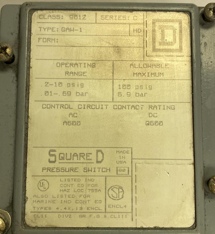 Used Square D,9012 GAW-1,Series C Pressure Switch