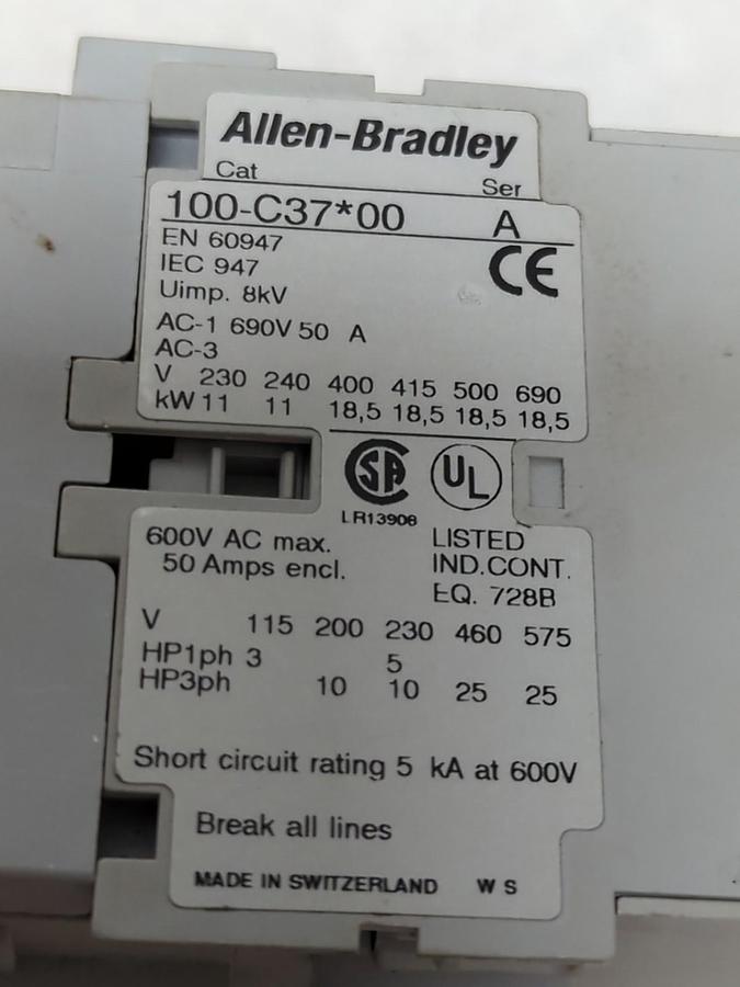 Used ALLEN BRADLEY,100-C37*00,CONTACTOR SERIES A 110/120VAC 50/60HZ PRE-OWNED