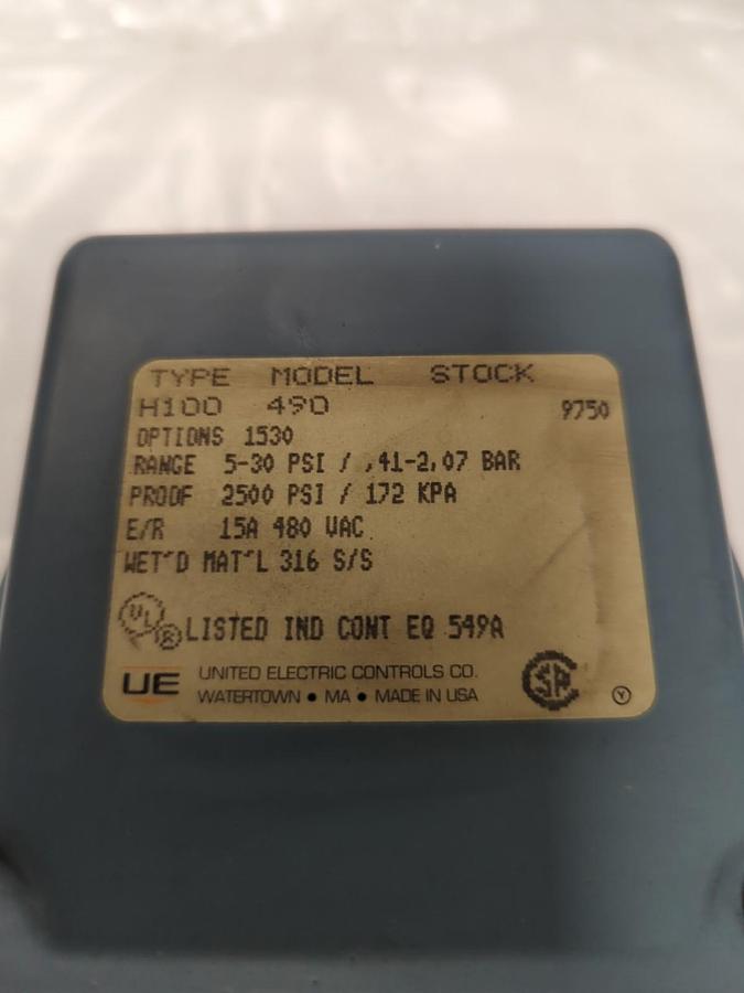 Used UNITED ELECTRIC,H100 490,DIFFERENTIAL PRESSURE SWITCH 15A 480VAC PRE-OWNED