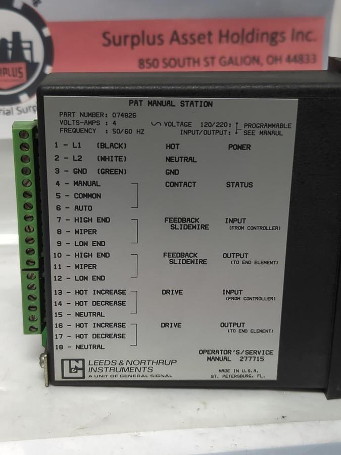 Used LEEDS & NORTHRUP,074826,PAT MANUAL STATION 120/220V 50/60HZ 4A PRE-OWNED
