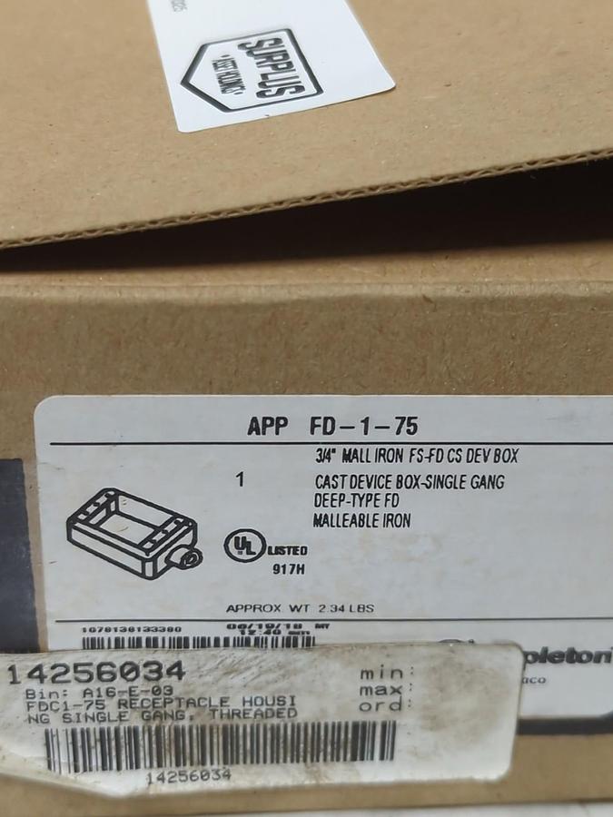 APPLETON,FD-1-75,CAST DEVICE BOX 3/4 INCH NOS