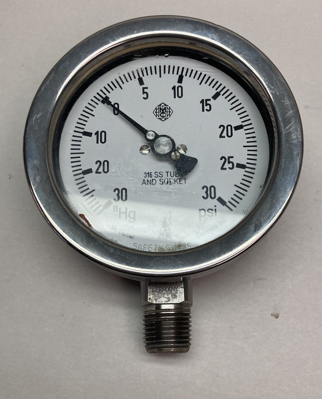 Used McDaniel Controls,30Hg-0-30OPsi,Pressure Gauge 316 SS Tube and Socket