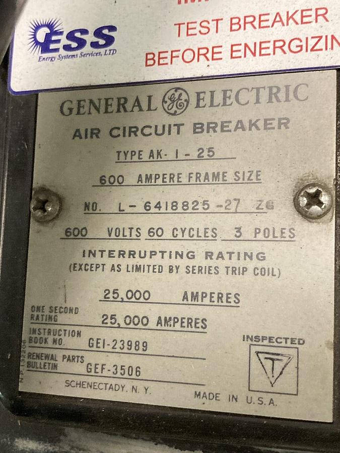 Used General Electric,AK-1-25,3-Pole Air Circuit Breaker 600A 600V