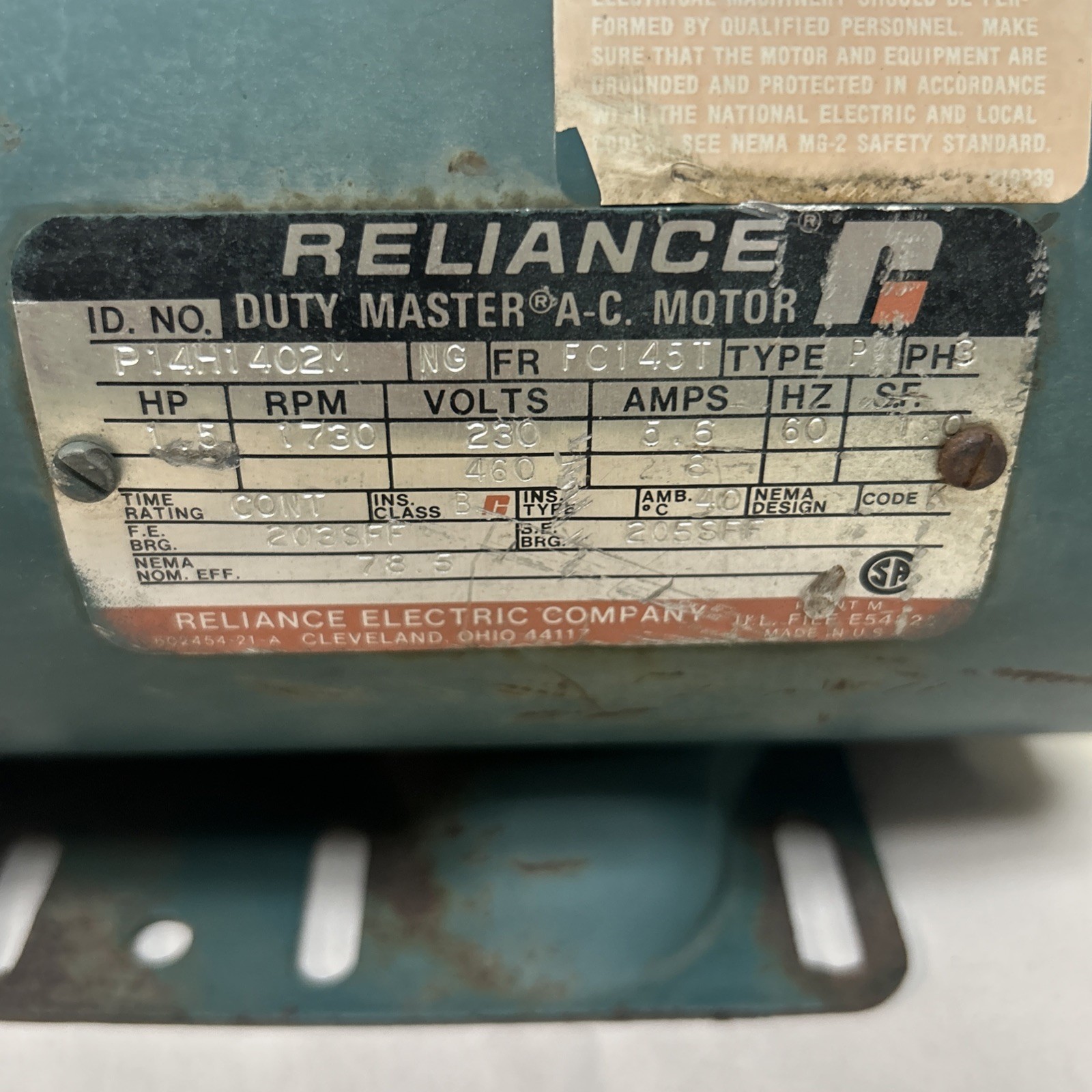 Used RELIANCE,P14H1402M,AC MOTOR 1.5HP 230/460V 1730RPM 3PH FC145T FRAME