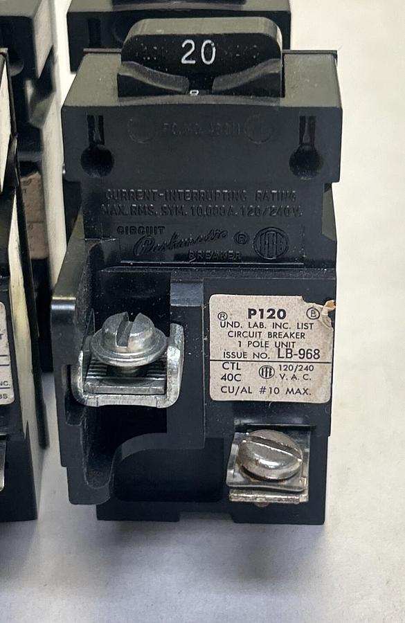 Used BULLDOG,P120,PUSHMATIC CIRCUIT BREAKER 20A 120/240V 1P LOT OF 6