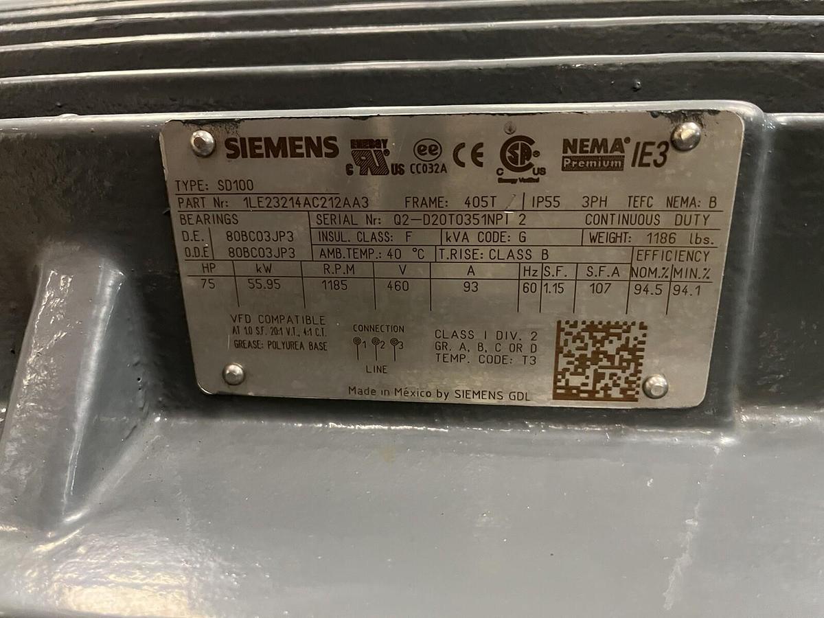 Used SIEMENS,1LE23214AC212AA3,SD100 MOTOR 75HP 1185RPM 460V 405T