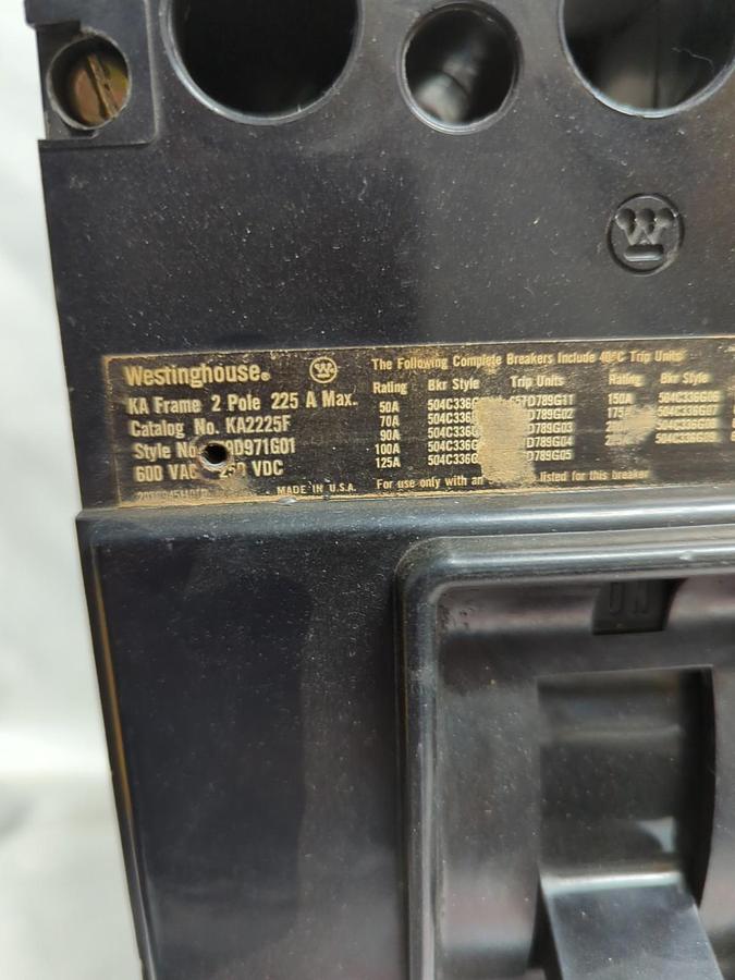 Used WESTINGHOUSE,KA2225F,CIRCUIT BREAKER 2-POLE 225 AMP MAX KA FRAME PRE-OWNED