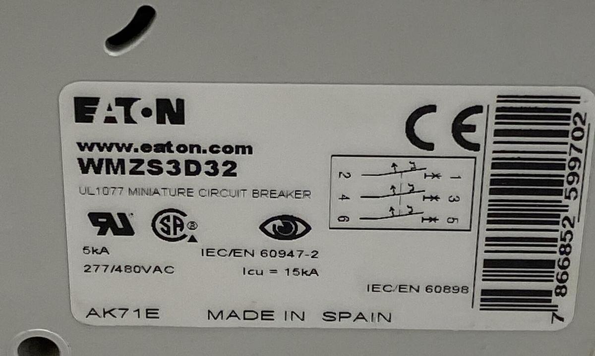 Used Eaton,WMZS3D32,Thermal Magnetic Circuit Breaker 3-Pole 32A 277/480VAC