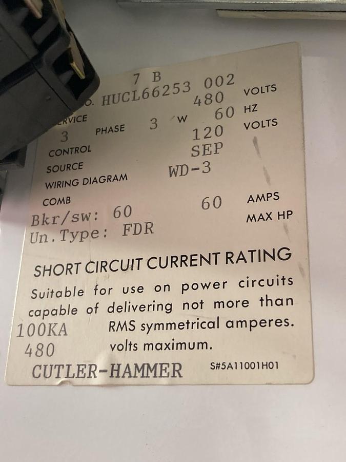 Used Cutler Hammer,60 Amps,12 INCH MCC Disconnect Feeder Bucket 60A 60Hz 480V