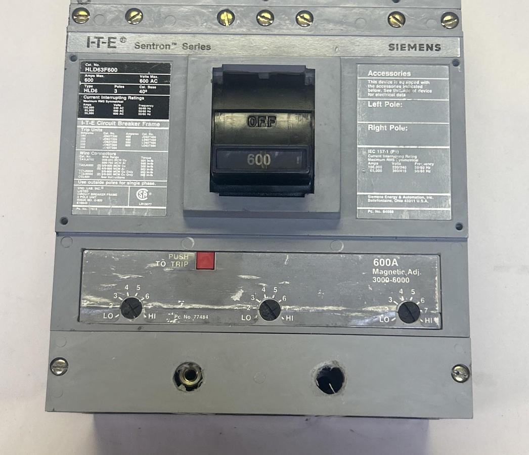 Used SIEMENS,HLD63F600,CIRCUIT BREAKER 600A 600V 3P