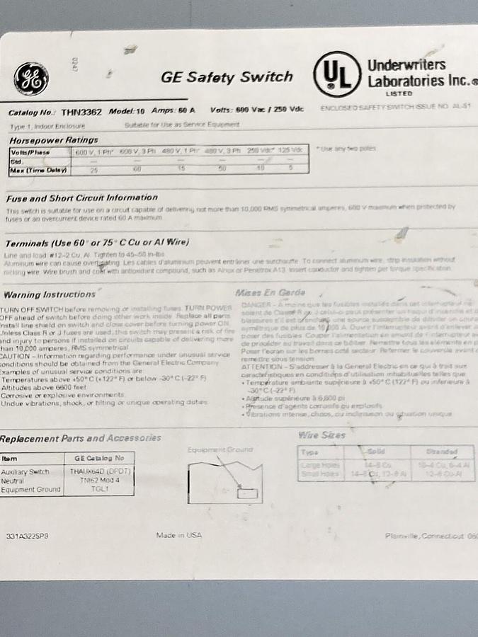Used General Electric,THN3362,DISCONNECT Safety Switch Model 10 60A 600VAC