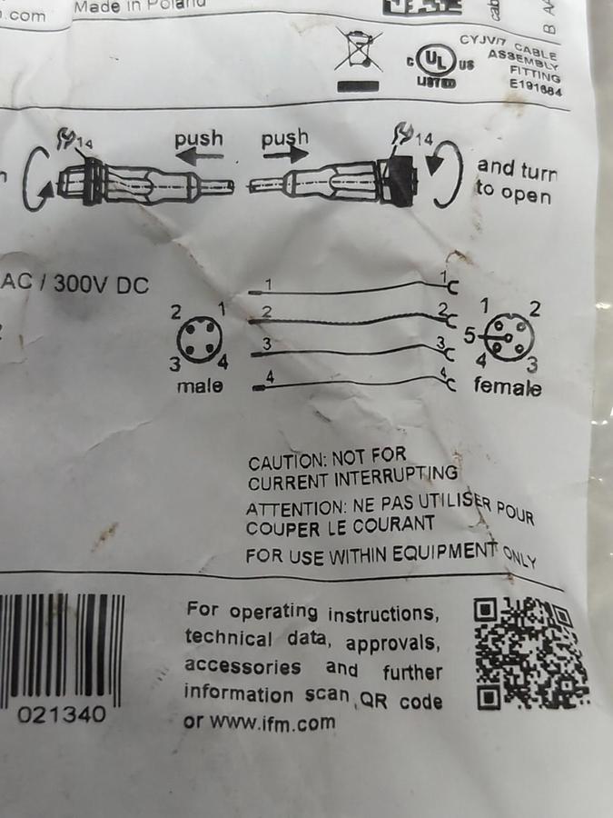 IFM,EVC013,CONNECTOR CABLE 5-PIN 300V DC NOS