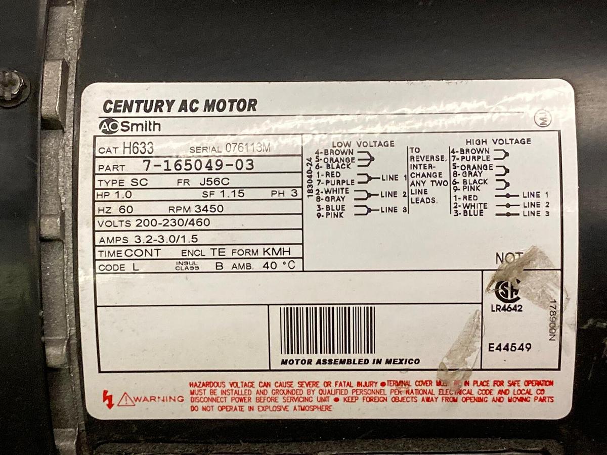 Used Century AO Smith,H633,3 Phase Electric Pump Motor 1 HP 3450 RPM  7-165049-03