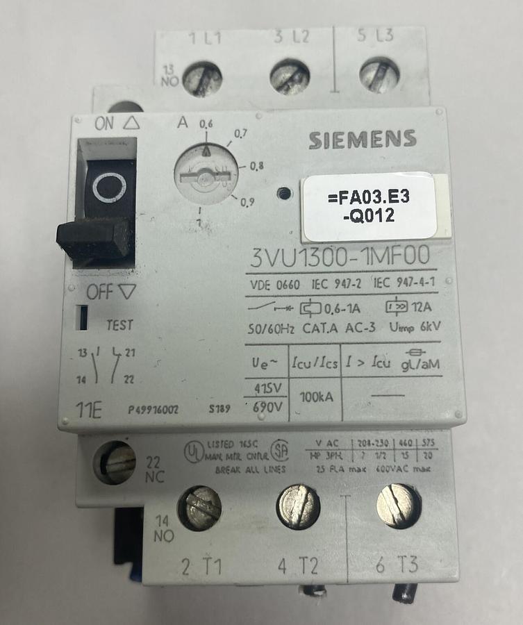 Used Siemens,3VU1300-1MF00,Motor Protection Circuit Breaker 0.6-1.0A Lot Of 3
