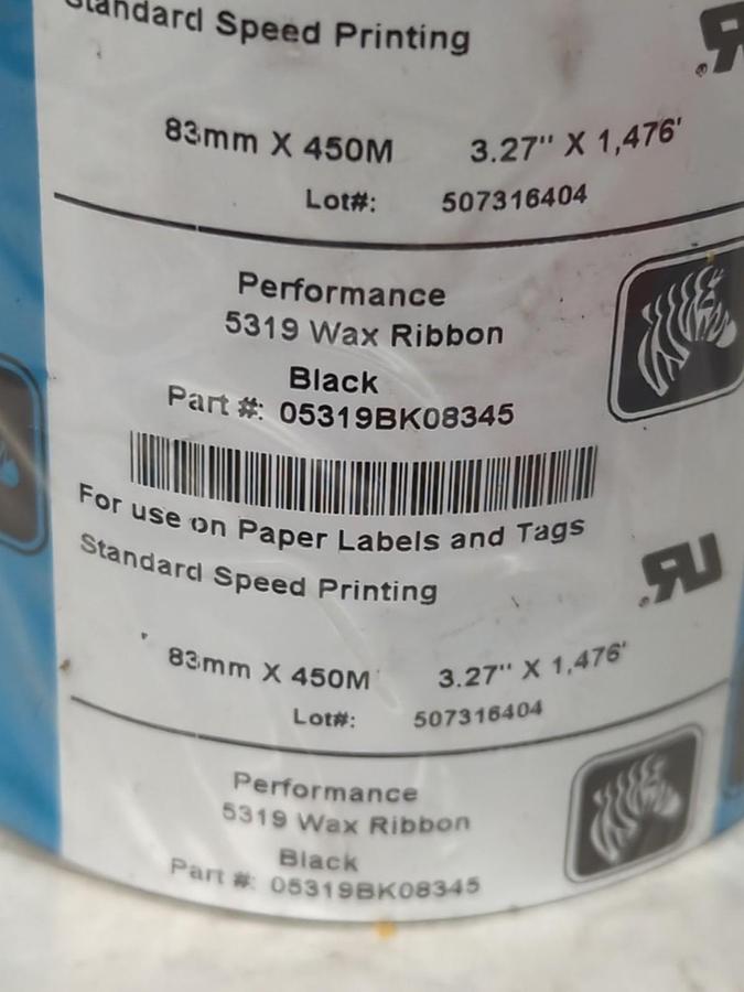 Used ZEBRA,5319,BLACK WAX RIBBON 3.27" X 1476' 83MM X 450M NOS