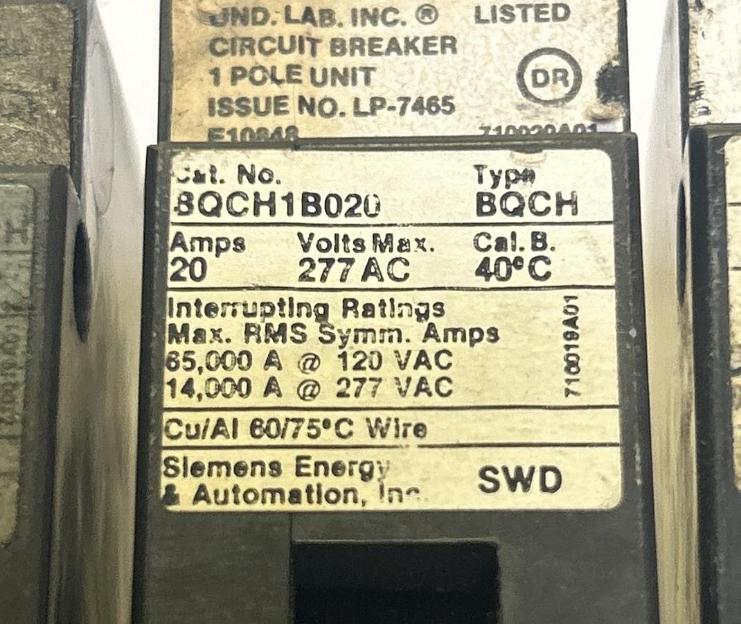 Used SIEMENS,BQCH1B020,CIRCUIT BREAKER 20A 277V 1P LOT OF 6