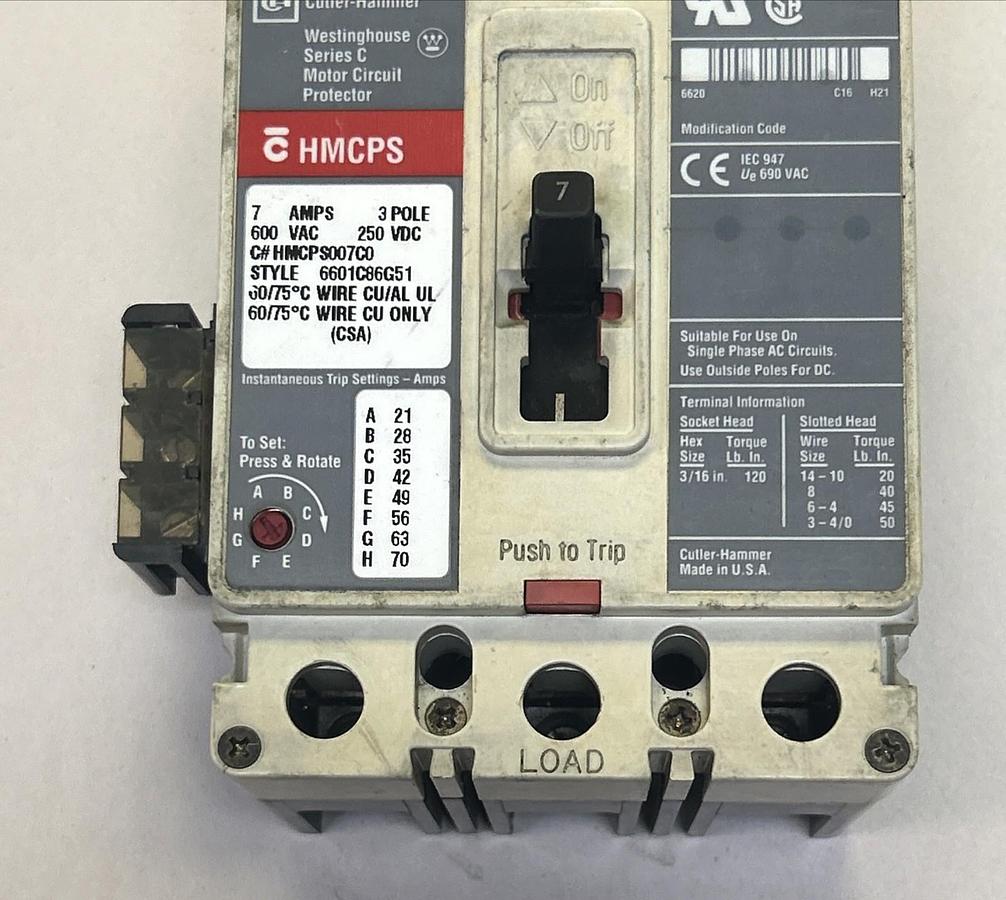 Used CUTLER-HAMMER,HMCPS007C0,CIRCUIT BREAKER 7A 600V 3P