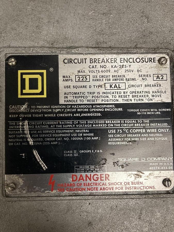 Used Square D,KA-225-Y,Circuit Breaker Enclosure 225 Amps KHL36000M