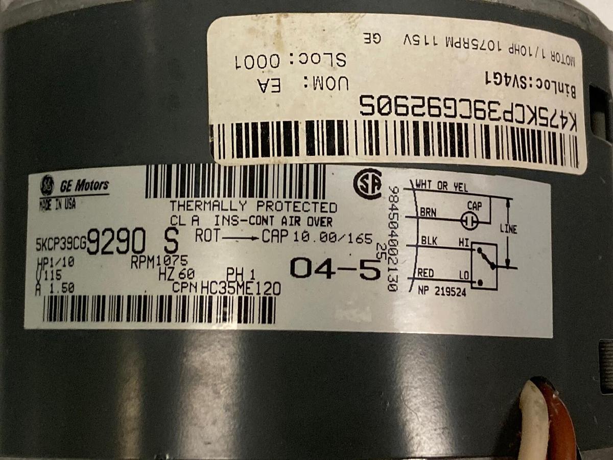Used General Electric,5KCP39C6,1/10 HP Blower Motor 1075 RPM 115 Volts  60 HZ
