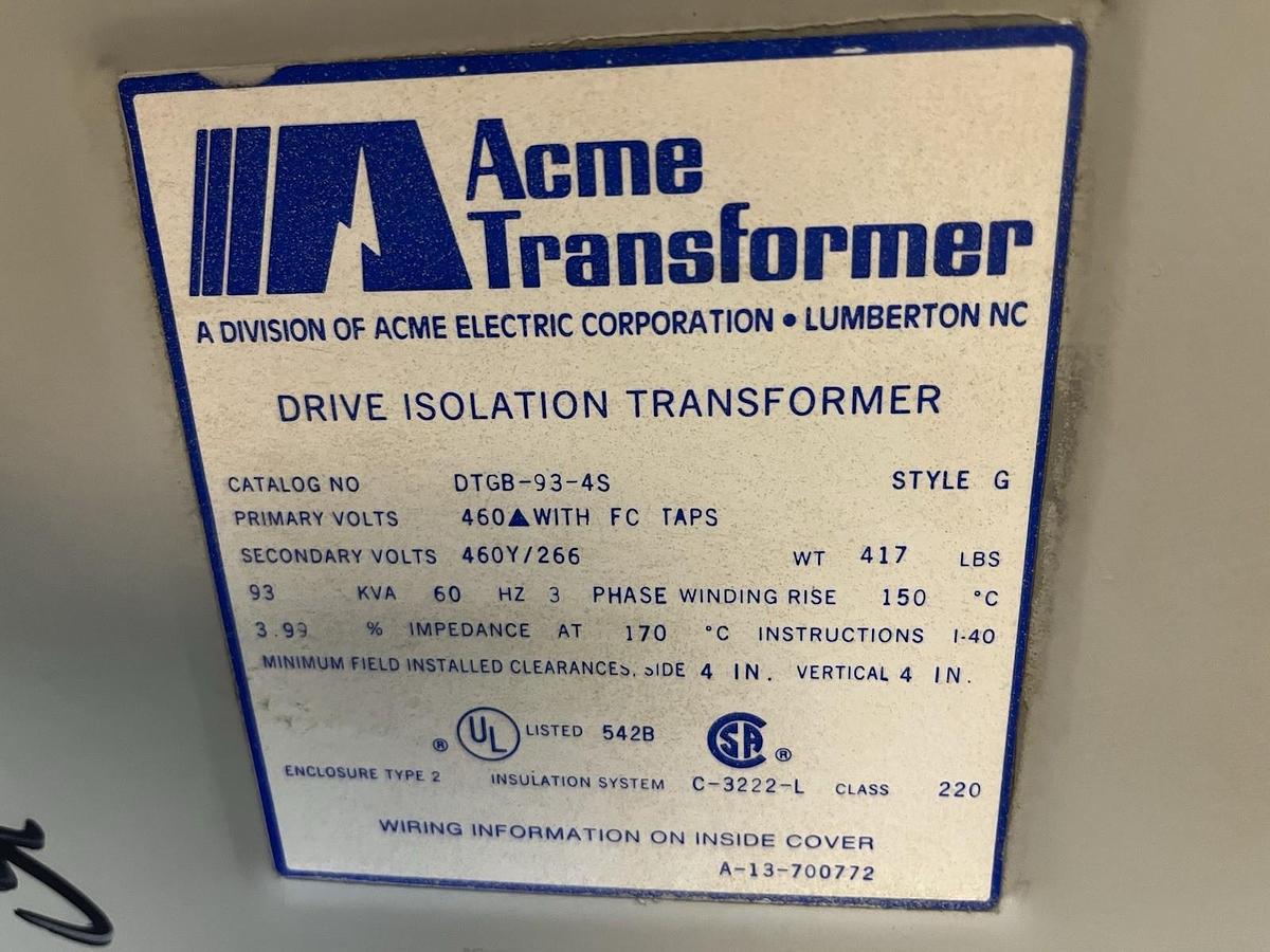 Used ACME,DTGB-93-4S,DRIVE ISOLATION TRANSFORMER 93KVA HV 460 LV 460Y/266 3PH