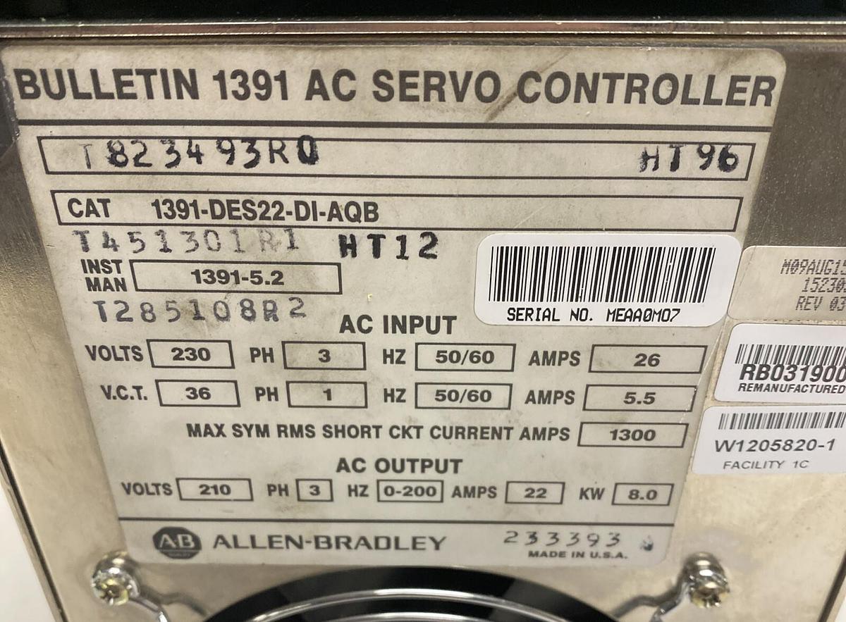 Used ALLEN BRADLEY,1391-DES22-DI-AQB,SER D SERVO CONTROLLER REFURBISHED