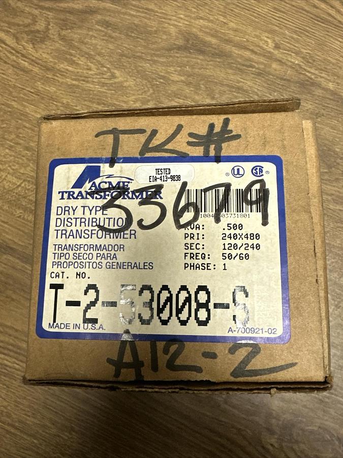 Used Acme,T-2-53008-S,Dry Type Distribution Transformer .500KVA 240/480V 50/60Hz