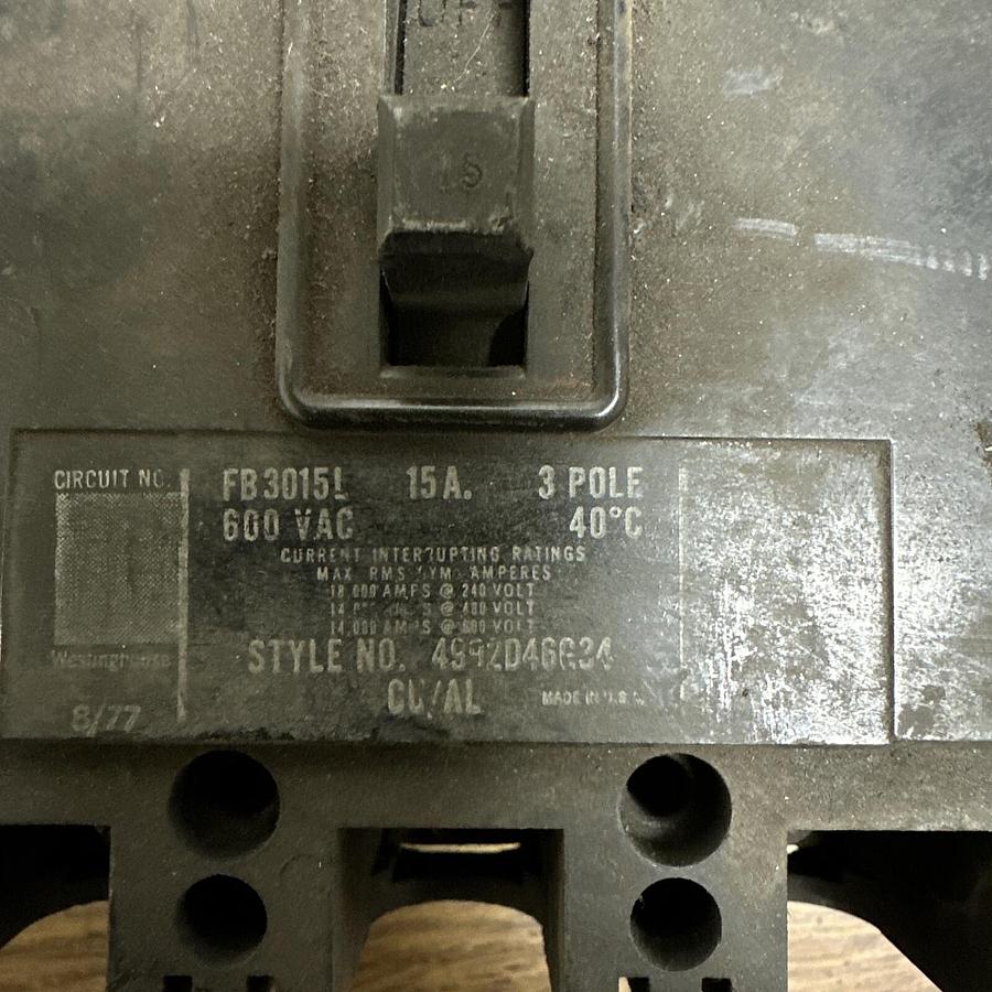 Used Westinghouse,FB3015L,15a Circuit Breaker