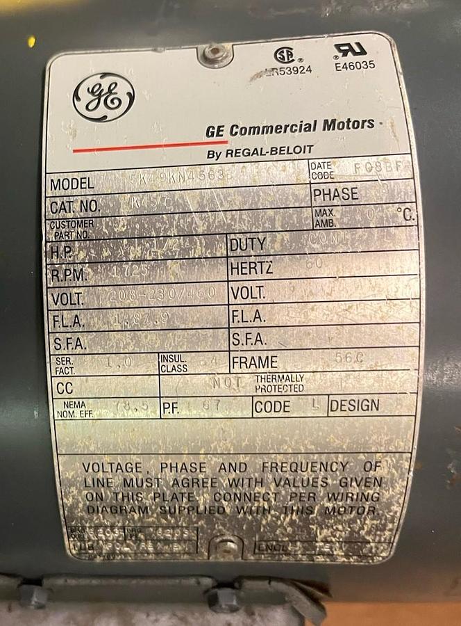 Used GE,K457,BRAKE MOTOR 1/2HP 1725RPM 3PH 56C 5K49KN4563B