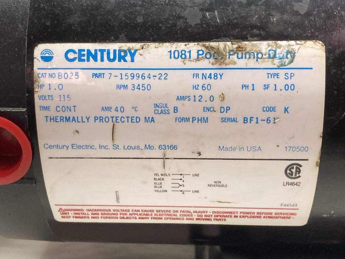 Used Century,7-159964-22,Motor 1HP N48Y Frame 3450RPM 60Hz w/ Pump 1-1/2 x 1-1/4