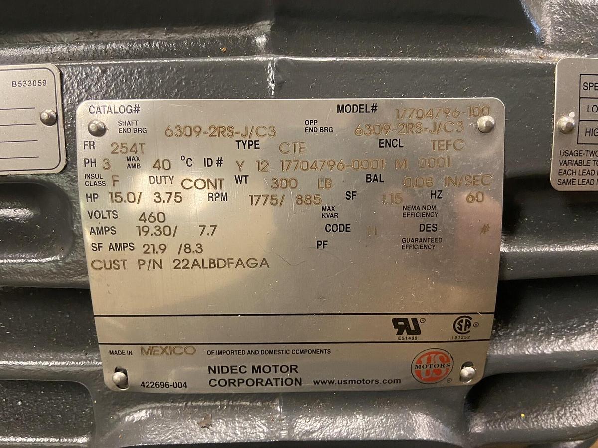 US Motor Nidec,17704796-100,Hostile Duty 15Hp Motor 1775RPM Frame 254T 460V