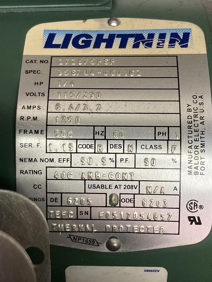 SPX Lightnin,X5P25, Mixer 1ph 1/4hp 115/230V